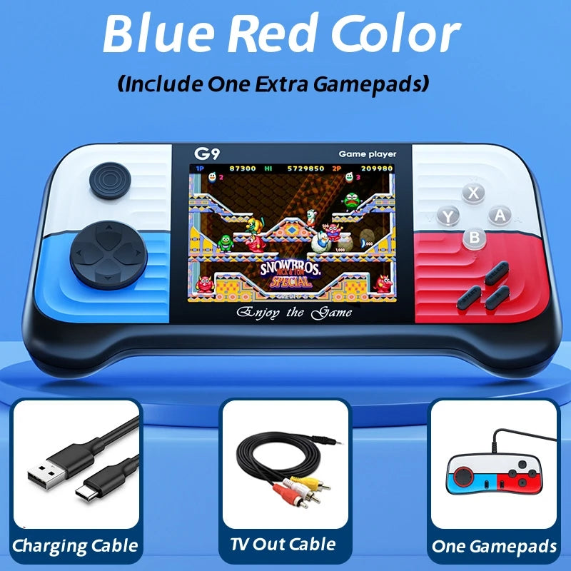 Handheld game console with screen displaying a game, including accessories like a charging cable and TV out cable on a blue background.